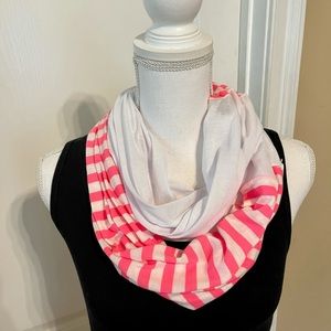 Pink and white striped/white infinity scarf